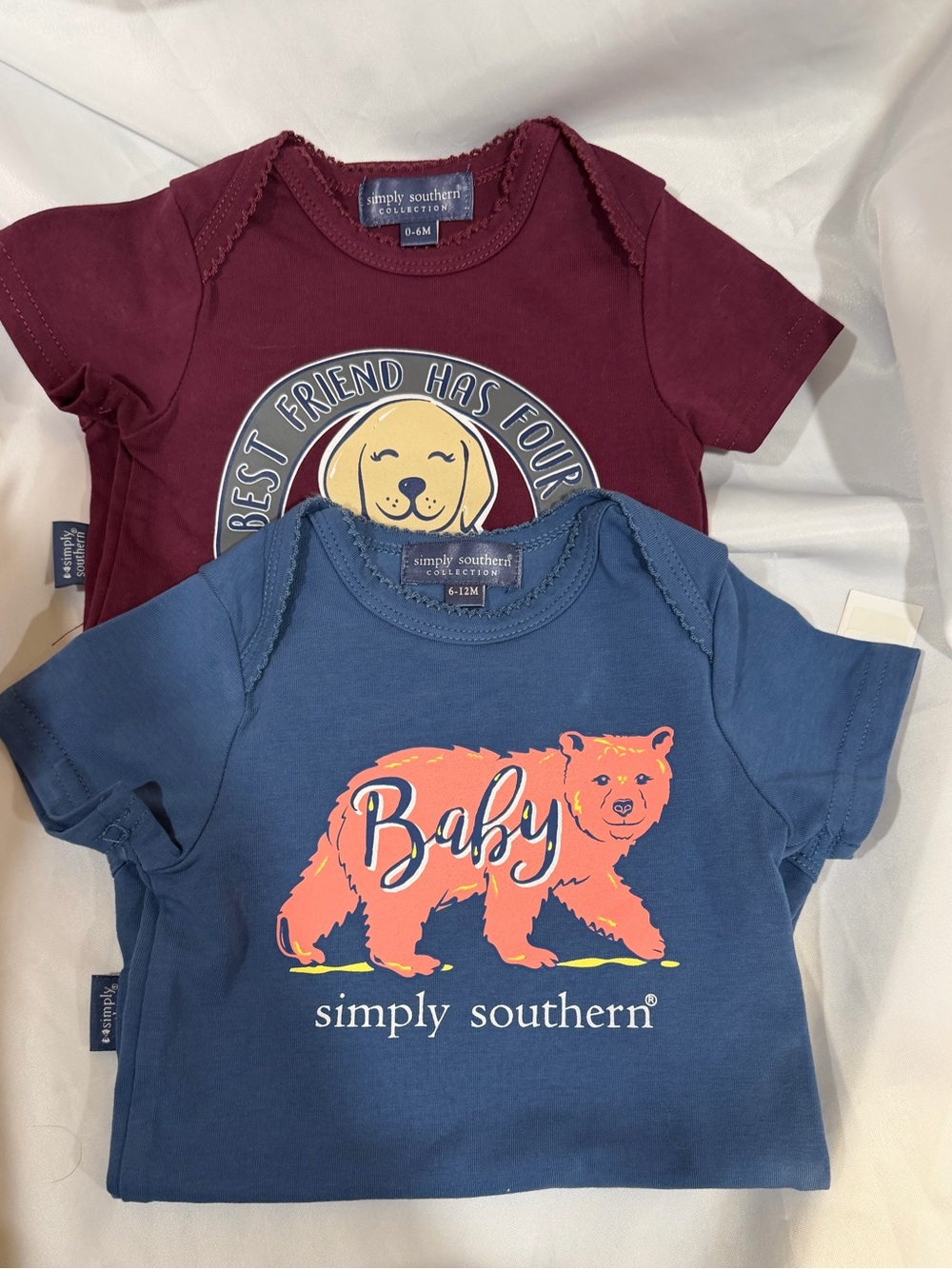 2 Simply Southern Baby Bodysuits: 0-6 Dog graphic & 6-12 mo bear graphic 2NWT